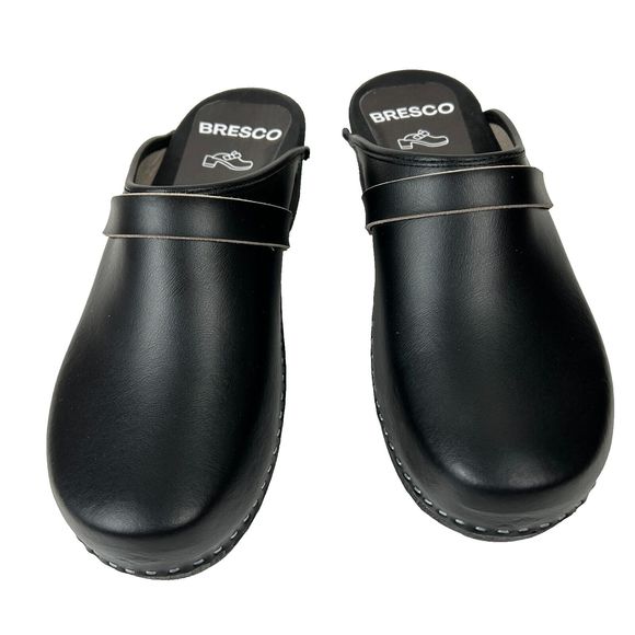 Bresco Richmond  Black Leather Wooden Clogs NEW Size EU 42, US W 11.5, M 9 - Picture 3 of 13
